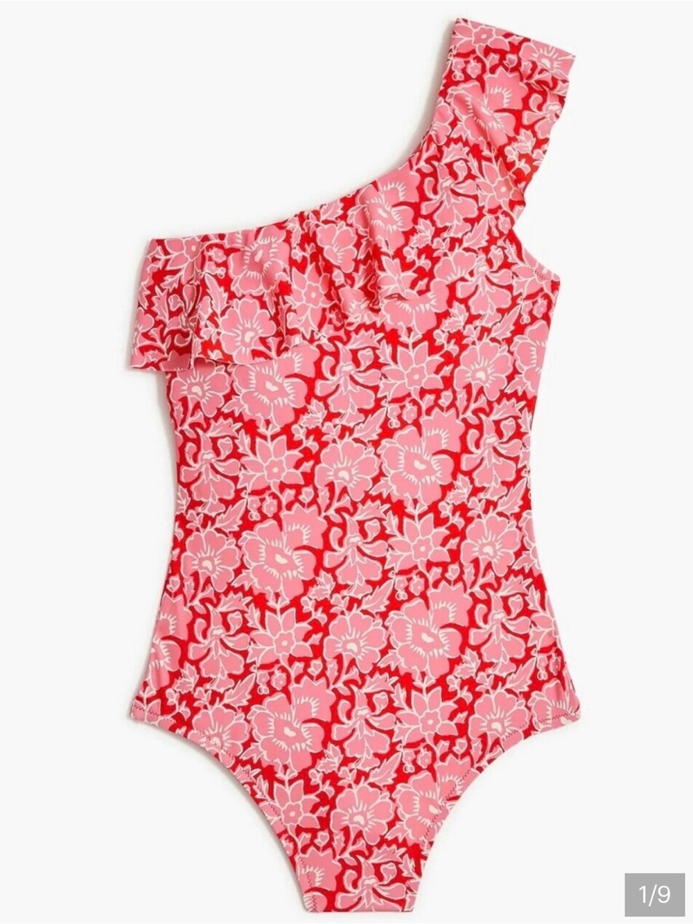 J Crew Factory Printed ruffle One-Shoulder Floral Pink & Red Swimsuit